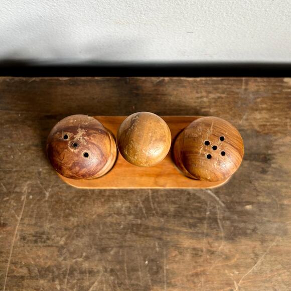 Vintage Spanish Wooden Salt & Pepper Shakers and Stand, Set of 3 - Picture 2 of 7